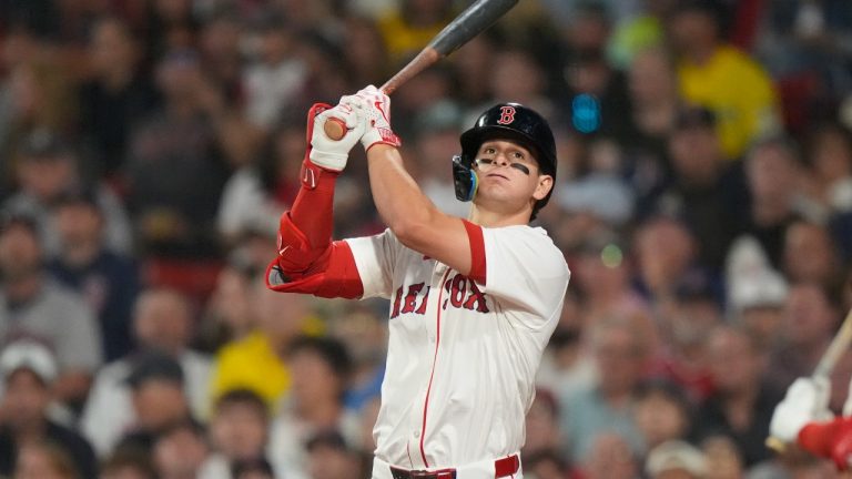 Boston Red Sox Roman Anthony watches his hit go foul in the fifth inning of a baseball game against the Kansas City Royals, Wednesday, Aug. 6, 2025, in Boston. (AP Photo/Robert F. Bukaty)