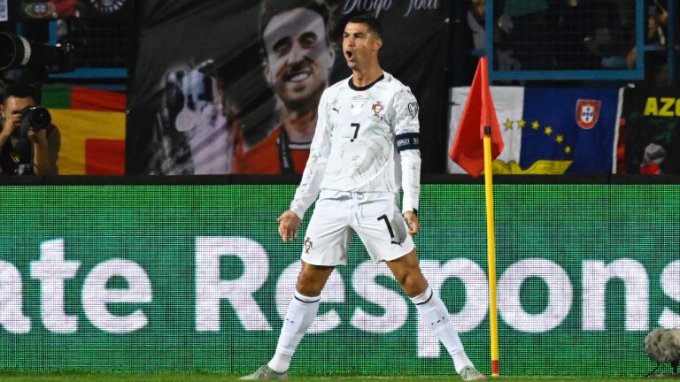 Portugal's Cristiano Ronaldo celebrates after scoring his side's second goal during a World Cup 2026 group F qualifying soccer match between Armenia and Portugal at the Vazgen Sargsyan stadium in Yerevan, Armenia, Saturday, Sept. 6, 2025. (Hakob Berberyan/AP)