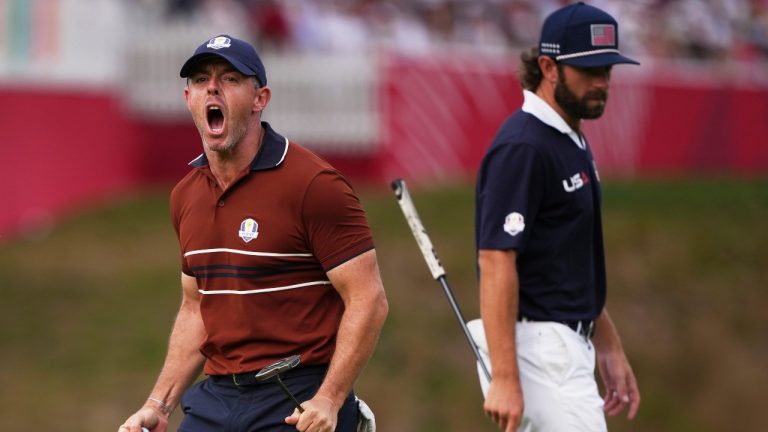 Europe's Rory McIlroy celebrates after a putt on the 14th hole at Bethpage Black golf course during the Ryder Cup golf tournament, Saturday, Sept. 27, 2025, in Farmingdale, N.Y. (Matt Slocum/AP)