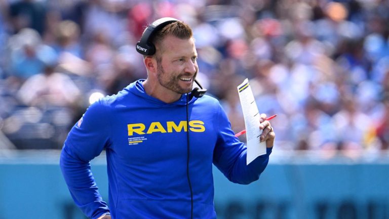 Los Angeles Rams head coach Sean McVay stands on the sideline during the first half of an NFL football game against the Tennessee Titans, Sept. 14, 2025, in Nashville, Tenn. (John Amis/AP)
