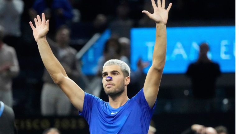 Team Europe's Carlos Alcaraz, of Spain, celebrates after defeating Team World's Francisco Cerundolo, of Argentina, during their match on the third day of the Laver Cup tennis tournament in San Francisco, Sept. 21, 2025. (Jeff Chiu/AP Photo)
