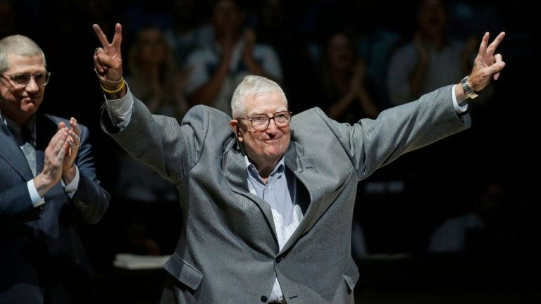 Frank Layden, former president of the Utah Jazz, is introduced during a 20-year reunion ceremony for the team that reached the 1997 NBA Finals, at halftime of the Jazz's basketball game against the New York Knicks on March 22, 2017, in Salt Lake City. (Rick Bowmer, Pool/ AP)
