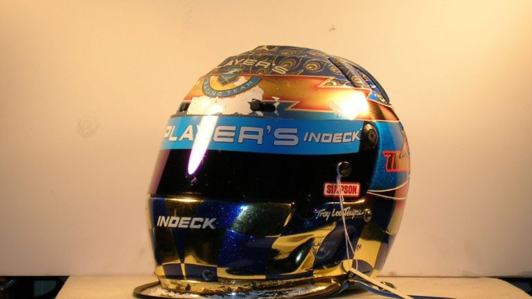 A racing helmet worn by late IndyCar driver Greg Moore is shown in a file photo. The helmet was stolen from the BC Sports Hall of Fame Wednesday, the museum says. THE CANADIAN PRESS/handout -The BC Sports Hall of Fame