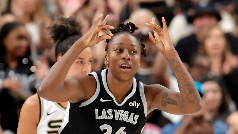 Las Vegas Aces guard Jewell Loyd (24) reacts after scoring a 3-point basket against the Chicago Sky during the second half of a WNBA basketball game, Sept. 9, 2025, in Las Vegas. Loyd scored her 6,000th career point during the game. (Steve Marcus/AP)