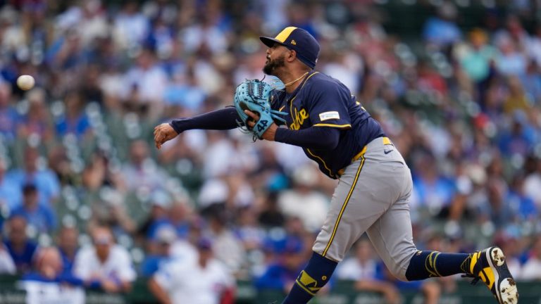 Milwaukee Brewers pitcher Grant Anderson throws against the Chicago Cubs during the ninth inning of the first baseball game of a split doubleheader, Aug. 18, 2025, in Chicago. (Erin Hooley/AP)