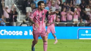 Inter Miami forward Lionel Messi reacts after scoring a goal during the first half of an MLS soccer match against the Seattle Sounders, Sept. 16, 2025, in Fort Lauderdale, Fla. (Lynne Sladky/ AP)
