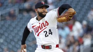 Minnesota Twins pitcher Simeon Woods Richardson delivers against the New York Yankees during the first inning of baseball game Monday, Sept. 15, 2025, in Minneapolis. (AP/Matt Krohn)