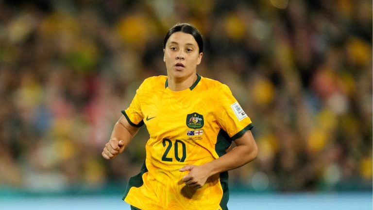 Australia's Sam Kerr in action during the Women's World Cup semifinal soccer match between Australia and England at Stadium Australia in Sydney, Australia, Wednesday, Aug. 16, 2023. (Rick Rycroft/AP)