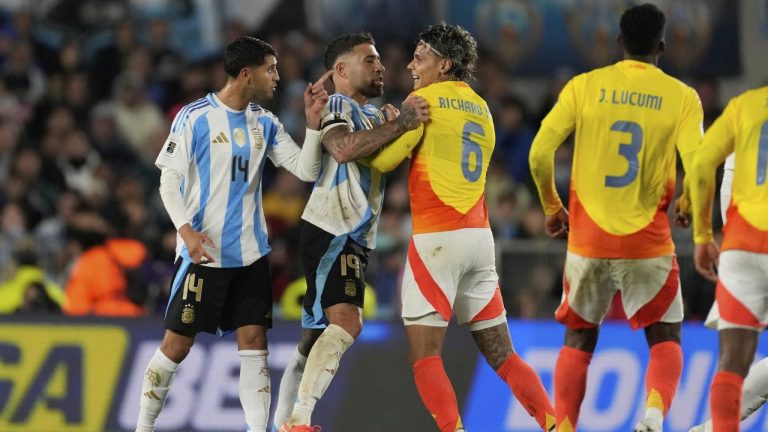 Colombia's Richard Rios (6) argues Argentina's Nicolas Otamendi, second from left, during a qualifying soccer match for the FIFA World Cup 2026 at the Monumental stadium in Buenos Aires, Argentina, Tuesday, June 10, 2025. (Gustavo Garello/AP)