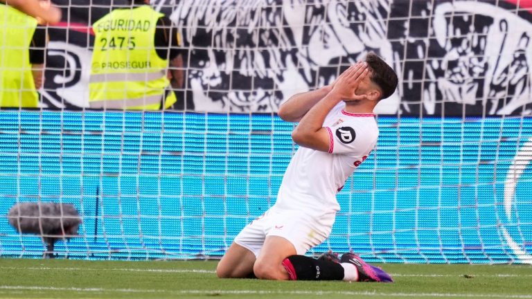 Sevilla's Alvaro Garcia-Pascual reacts during the Spanish La Liga soccer match between Sevilla and Real Madrid at the Ramon Sanchez Pizjuan stadium in Seville, Spain, Sunday, May 18, 2025. (AP Photo/Jose Breton)