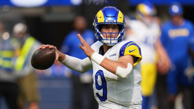 Los Angeles Rams quarterback Matthew Stafford (9) passes against the Houston Texans during the second half of an NFL football game, Sunday, Sept. 7, 2025, in Inglewood, Calif. (Gregory Bull/AP)