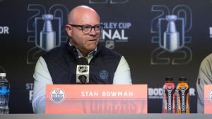 Edmonton Oilers general Manager Stan Bowman and head coach Kris Knoblauch speak to media before game 1 of the Stanley Cup final against the Florida Panthers in Edmonton on Tuesday, June 3, 2025. (Jason Franson/CP)
