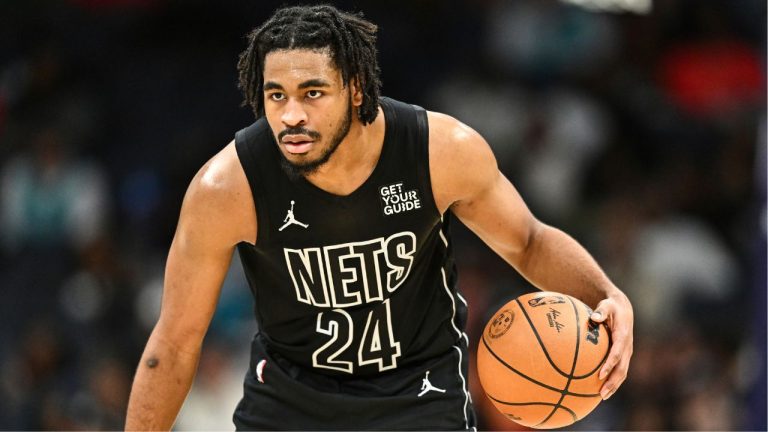 Brooklyn Nets guard Cam Thomas (24) brings the ball up court during the second half of an NBA basketball game against the Charlotte Hornets, Saturday, March 8, 2025, in Charlotte, N.C. (Matt Kelley/AP)
