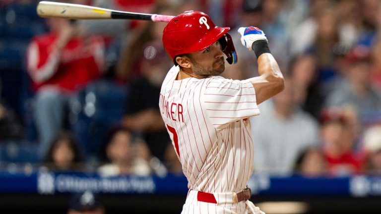 Philadelphia Phillies' Trea Turner in action during a baseball game against the Atlanta Braves, Saturday, Aug. 30, 2025, in Philadelphia. (Chris Szagola/AP)