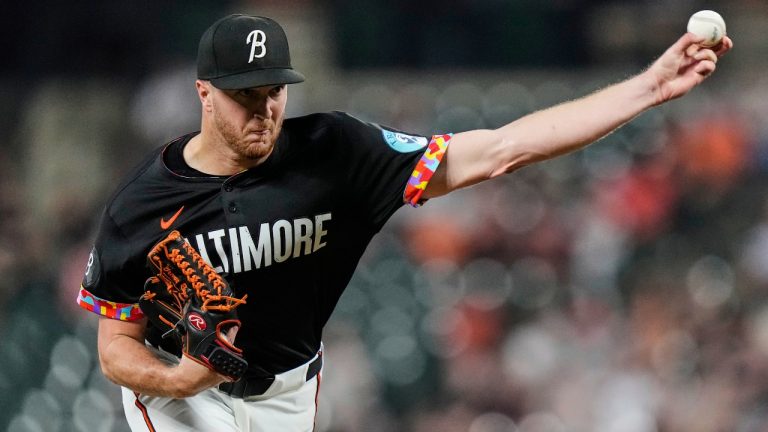 Baltimore Orioles starting pitcher Trevor Rogers delivers during the first inning of a baseball game against the New York Yankees, Friday, Sept. 19, 2025, in Baltimore. (AP Photo/Stephanie Scarbrough)