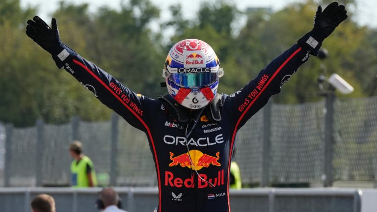 Red Bull driver Max Verstappen of the Netherlands celebrates after winning the Italian Grand Prix race at the Monza racetrack in Monza, Italy, Sunday, Sept. 7, 2025. (Luca Bruno/AP)