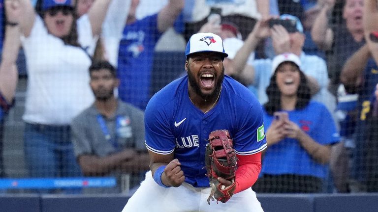 Toronto Blue Jays first baseman Vladimir Guerrero Jr. celebrates as the Toronto Blue Jays win the American League East Division title over the Tampa Bay Rays following MLB action in Toronto, Sunday, Sept. 28, 2025. (THE CANADIAN PRESS/Chris Young)
