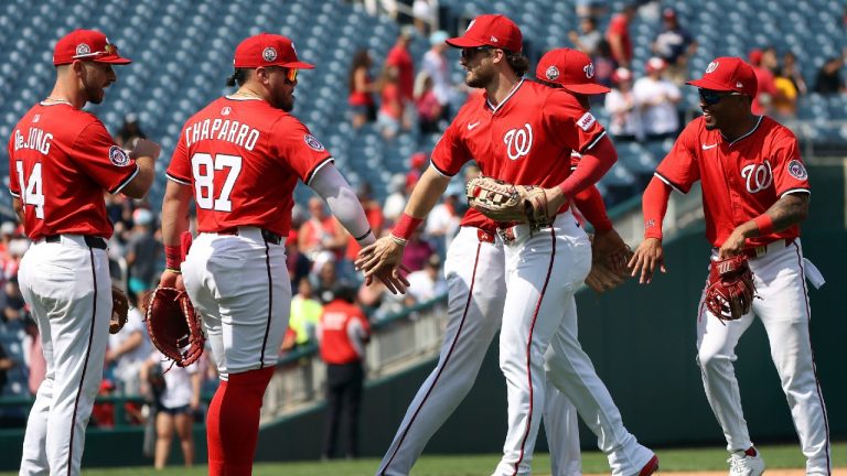 Washington Nationals players celebrate after a baseball game against the Pittsburgh Pirates, Sunday, Sept. 14, 2025, in Washington. (Daniel Kucin Jr./AP)