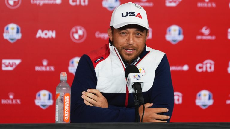 United States' Xander Schauffele speaks during a news conference before a practice round at the Ryder Cup golf tournament, Tuesday, Sept. 23, 2025, in Farmingdale, N.Y., at Bethpage State Park's Black Course between the United States and Europe. (Linsey Wasson/AP)