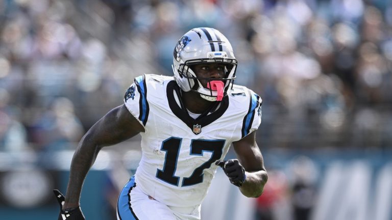 Carolina Panthers wide receiver Xavier Legette (17) runs during the second half of an NFL football game against the Jacksonville Jaguars, Sunday, Sept. 7, 2025, in Jacksonville, Fla. (AP Photo/Phelan M. Ebenhack)
