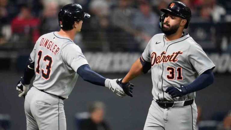 Detroit Tigers' Riley Greene (31) is congratulated by Dillon Dingler (13) after hitting a home run in the fourth inning of a baseball game against the Cleveland Guardians in Cleveland, Thursday, Sept. 25, 2025. (Sue Ogrocki/AP)