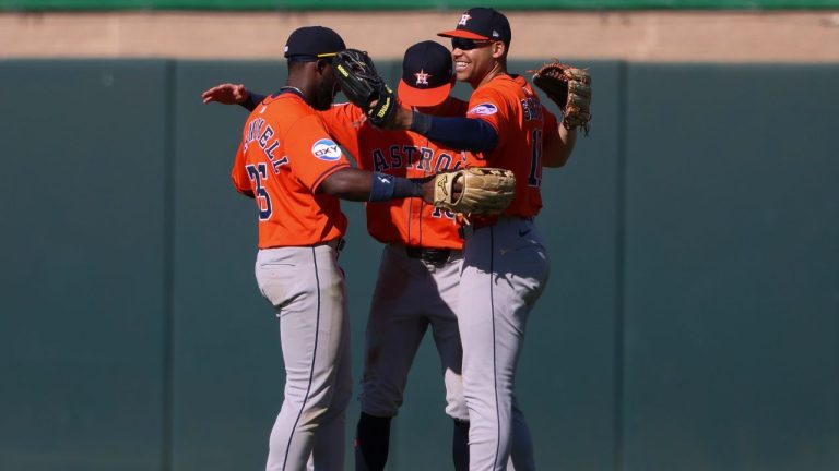The Houston Astros celebrate their win over the Athletics in a baseball game Thursday, Sept. 25, 2025, in West Sacramento, Calif. (Scott Marshall/AP Photo)