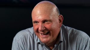 Los Angeles Clippers owner Steve Ballmer smiles while talking to a reporter during an interview with The Associated Press on Thursday, Sept. 16, 2021, in Los Angeles. (Jae C. Hong/AP Photo)