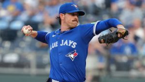 Toronto Blue Jays starting pitcher Shane Bieber during a game on Saturday Sept. 20, 2025, in Kansas City, Mo. (Ed Zurga/AP)