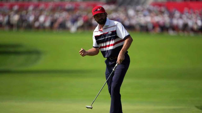 United States' Cameron Young celebrates after a putt on the first hole during their singles match on the Bethpage Black golf course at the Ryder Cup golf tournament. (Matt Slocum/AP)
