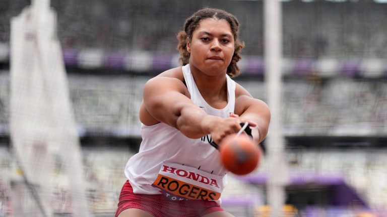 Canada's Camryn Rogers makes an attempt in the women's hammer throw qualification at the World Athletics Championships in Tokyo, Sunday, Sept. 14, 2025. (Matthias Schrader/AP)