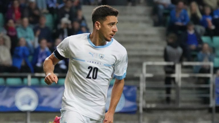 Israel's Dan Biton reacts after scoring his side's opening goal during the World Cup 2026 group I qualifying soccer match between Estonia and Israel at the A. Le Coq Arena stadium in Tallinn, Estonia, Friday, June 6, 2025. (Sergei Grits/AP)