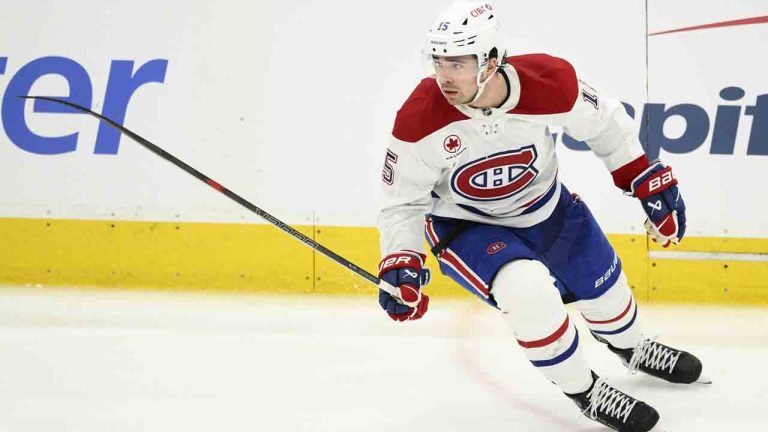 Montreal Canadiens centre Alex Newhook (15) had a goal and assist against the Toronto Maple Leafs in NHL pre-season action on Saturday, Sept. 27, 2025 in Toronto, Ont. (Nick Wass/AP)