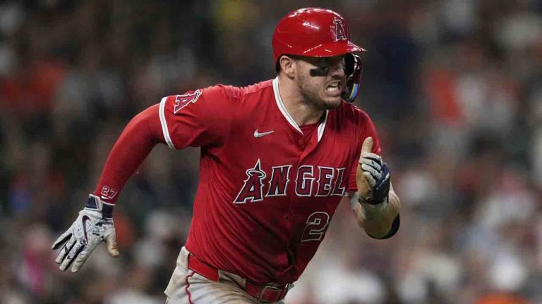 Los Angeles Angels designated hitter Mike Trout runs to first as he grounds out during the third inning of a baseball game against the Houston Astros in Houston, Sunday, Aug. 31, 2025. (Ashley Landis/AP)