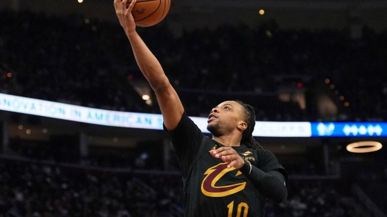 Cleveland Cavaliers guard Darius Garland shoots during the second half in Game 5 of an Eastern Conference semifinal NBA basketball playoff against the Indiana Pacers, Tuesday, May 13, 2025, in Cleveland. (Sue Ogrocki/AP)