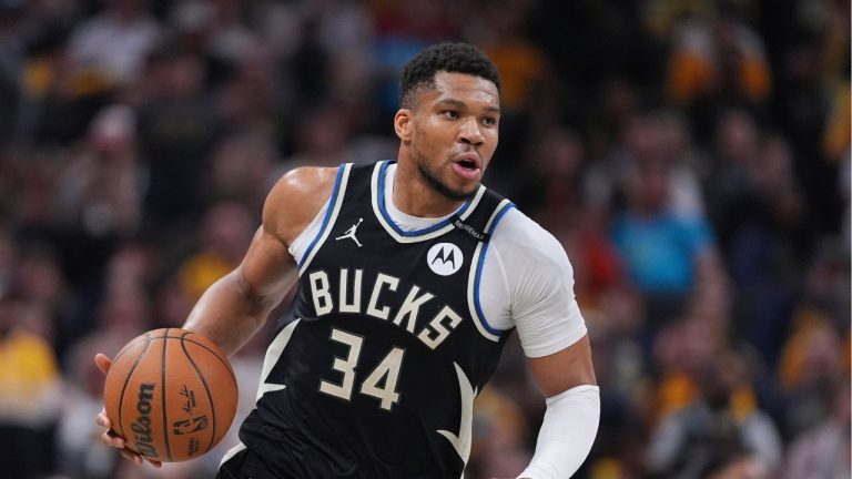 Milwaukee Bucks forward Giannis Antetokounmpo (34) plays against the Indiana Pacers during the first half of a first-round NBA basketball playoff game in Indianapolis, Tuesday, April 22, 2025. (Michael Conroy/AP)