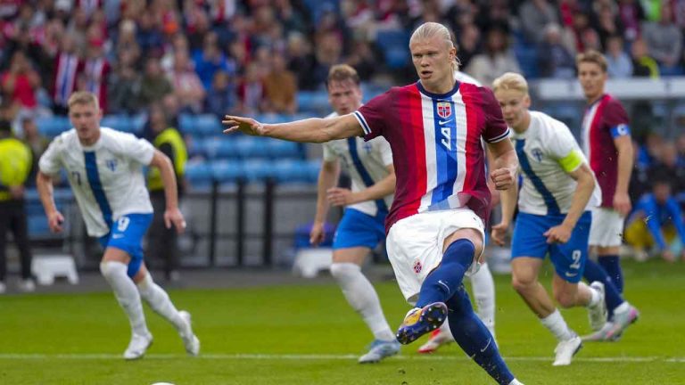 Norway's Erling Haaland scores from a penalty kick during the international friendly soccer match between Norway and Finland at Ullevaal Stadium. (Fredrik Varfjell/AP)