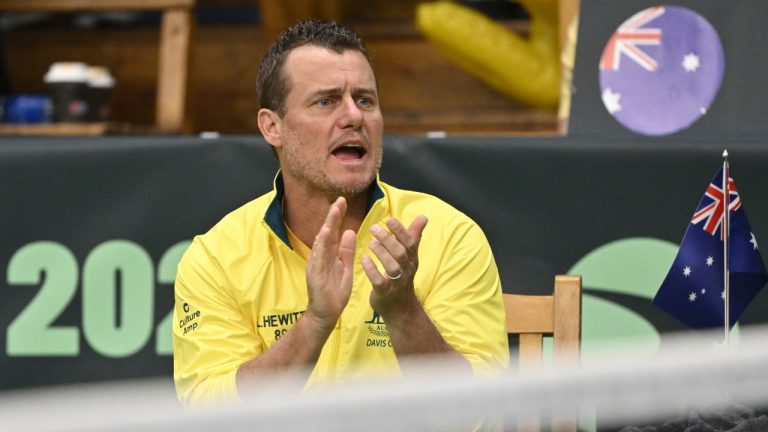Australia team captain Lleyton Hewitt during the doubles Davis Cup tennis match between Sweden and Australia at the Royal Tennis Hall in Stockholm, Saturday Feb. 1, 2025. (Jonas Ekströmer/News Agency via AP, File)