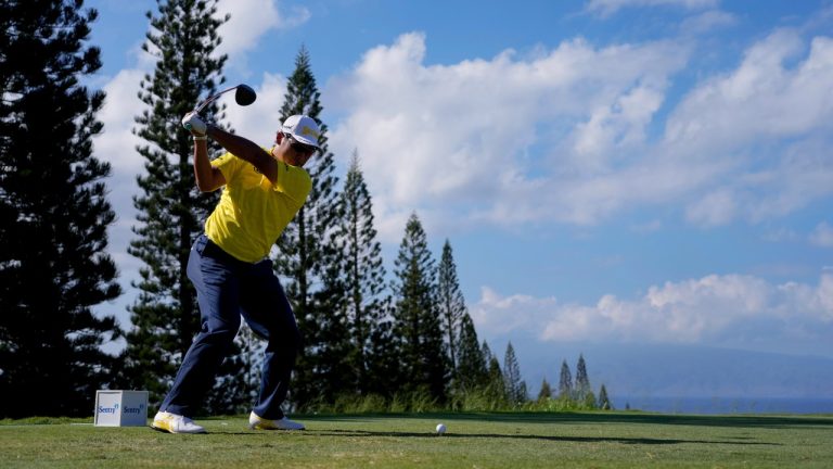 Hideki Matsuyama, of Japan, tees off on the 18th hole during the final round of The Sentry golf event, Sunday, Jan. 5, 2025, at Kapalua Plantation Course in Kapalua, Hawaii. (Matt York/AP)