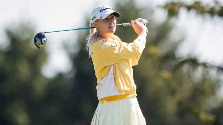Charley Hull, of England, tees off on the second hole during the first round of the Kroger Queen City Championship golf tournament, Thursday, Sept. 11, 2025, at TPC River's Bend in Cincinnati. (Tanner Pearson/AP)
