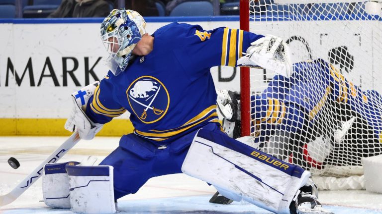 Buffalo Sabres goaltender James Reimer (47) makes a save during the second period of an NHL hockey game against the Ottawa Senators, Tuesday, March 25, 2025, in Buffalo, N.Y. (Jeffrey T. Barnes/AP)