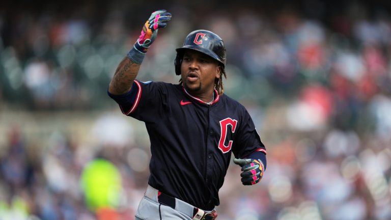 Cleveland Guardians' Jose Ramírez reacts towards his bench after hitting a two-run home run against the Detroit Tigers during the seventh inning of a baseball game Thursday, Sept. 18, 2025, in Detroit. (Paul Sancya/AP)