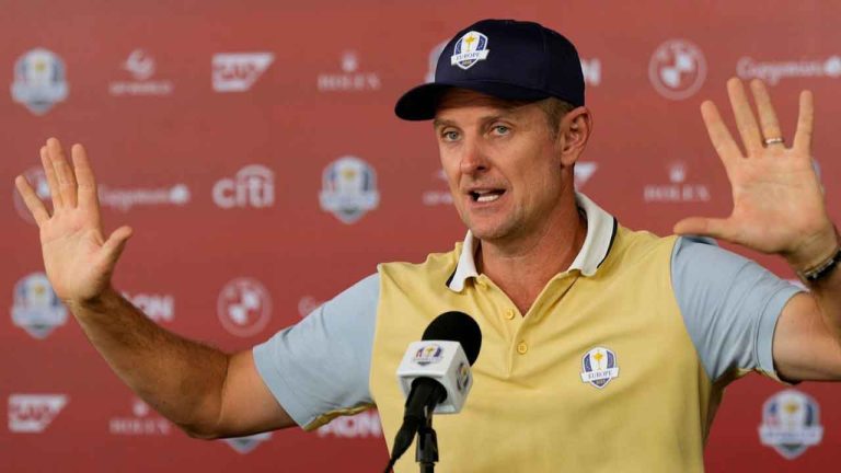 Europe's Justin Rose speaks during a news conference at the Ryder Cup golf tournament, Wednesday, Sept. 24, 2025, at the Bethpage Black golf course. (Chris Carlson/AP)