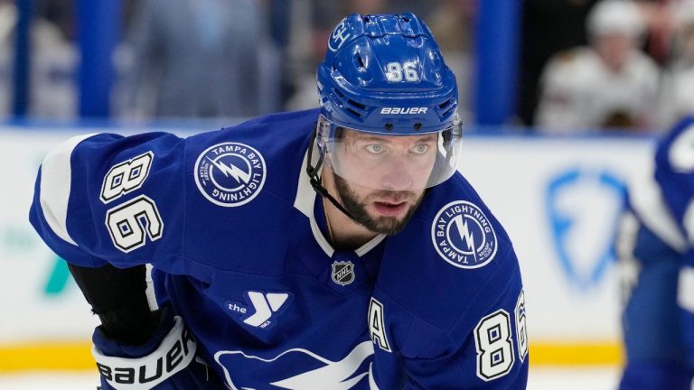 Tampa Bay Lightning right wing Nikita Kucherov (86) against the Chicago Blackhawks during the second period of an NHL hockey game Tuesday, Jan. 28, 2025, in Tampa, Fla. (Chris O'Meara/AP)