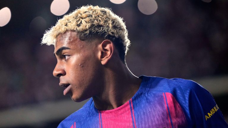 Barcelona's Lamine Yamal reacts during the Spanish La Liga soccer match between Rayo Vallecano and FC Barcelona at the Vallecas stadium in Madrid, Spain, Sunday, Aug. 31, 2025. (Manu Fernandez/AP)