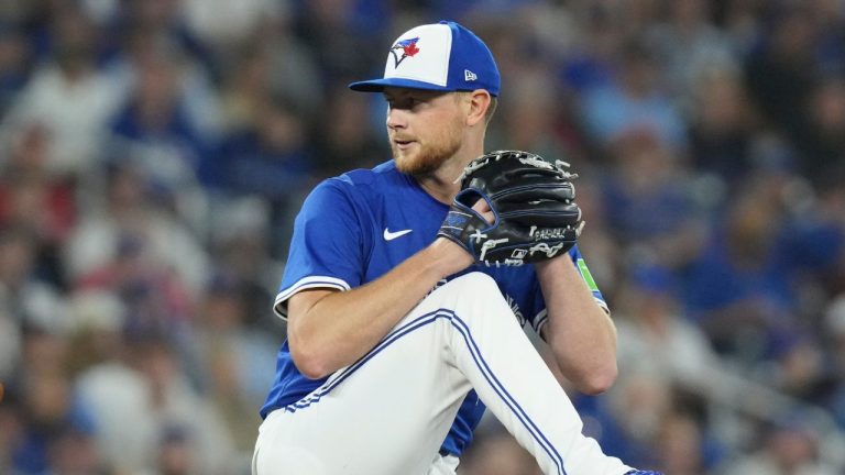 Toronto Blue Jays pitcher Eric Lauer (56) works against the Boston Red Sox during fourth inning MLB baseball action in Toronto on Thursday September 25, 2025. (Chris Young/THE CANADIAN PRESS)