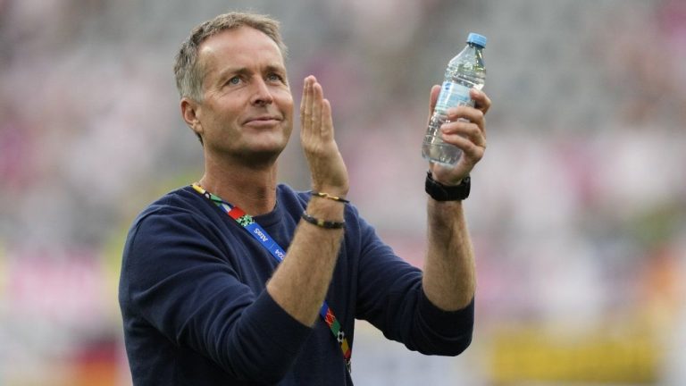 Denmark's then head coach Kasper Hjulmand applauds supporters ahead of a a round of sixteen match between Germany and Denmark at the Euro 2024 soccer tournament in Dortmund, Germany, Saturday, June 29, 2024. (Andreea Alexandru/AP)
