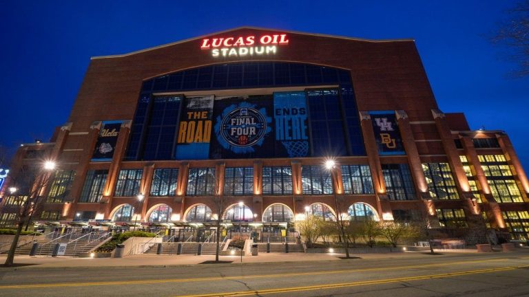 General exterior view of Lucas Oil Stadium at night before Baylor played Gonzaga in the NCAA tournament championship basketball game in Indianapolis, April 5, 2021. (AJ Mast/AP)