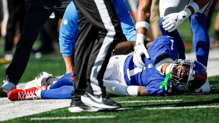 New York Giants wide receiver Malik Nabers (1) is injured during an NFL football game against the Los Angeles Chargers on Sunday, Sep. 28, 2025, in East Rutherford, N.J. (Rusty Jones/AP)