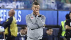 Canada's head coach Jesse Marsch reacts during the second half of a CONCACAF Nations League semifinal soccer match against Mexico Thursday, March 20, 2025, in Inglewood, Calif. (AP Photo/Etienne Laurent)