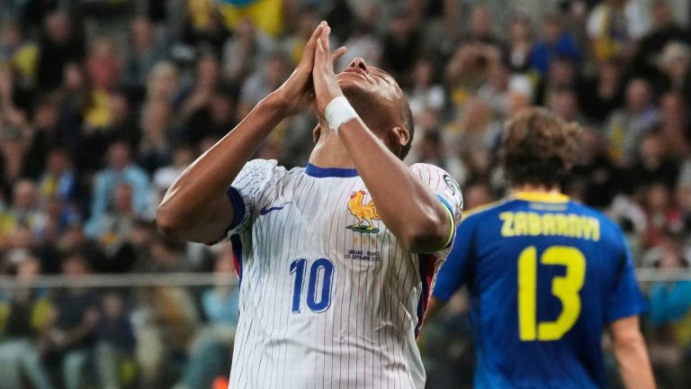 France's Kylian Mbappe reacts after missing a scoring chance during the 2026 FIFA World Cup qualifying soccer match between Ukraine and France on Friday, Sept. 5, 2025. (Czarek Sokolowski/AP Photo)